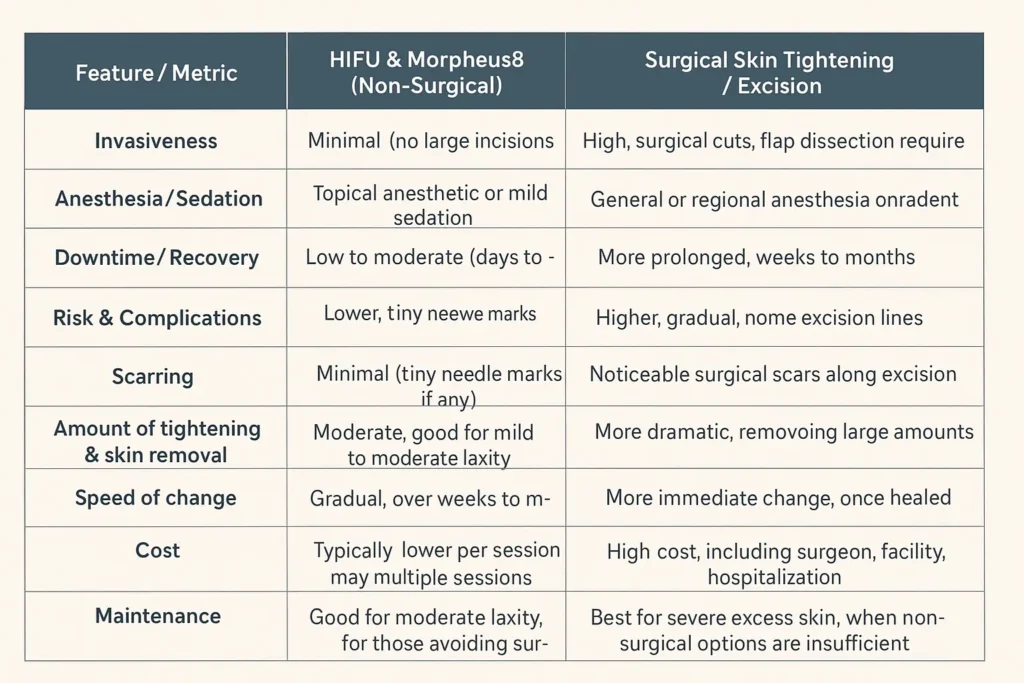 Table of skin tightening Eastleigh  benefits compared to surgical options